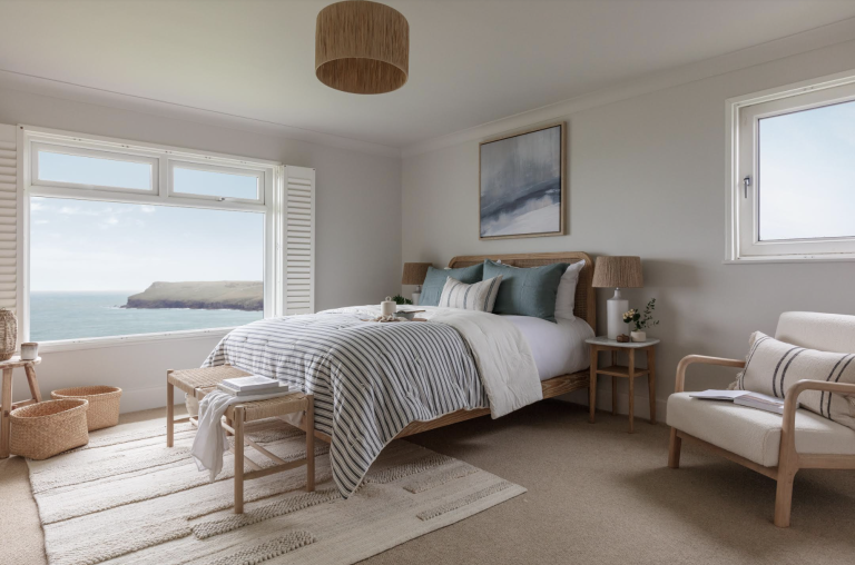 A bedroom with ocean views and a large bed with striped bedding