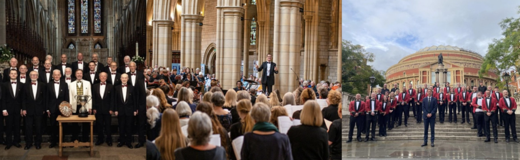 A choir performs in a cathedral, facing an audience, with a conductor leading. Another choir stands on steps outside a large, domed building, posing for a photo.