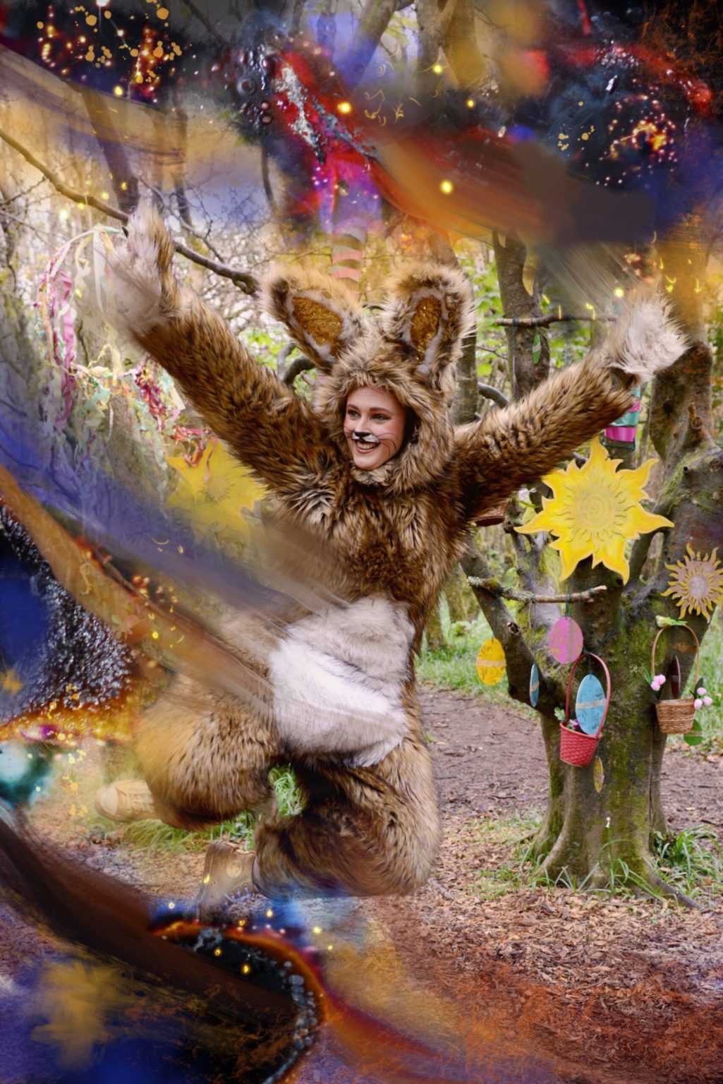 A person in a furry rabbit costume leaping through a forest