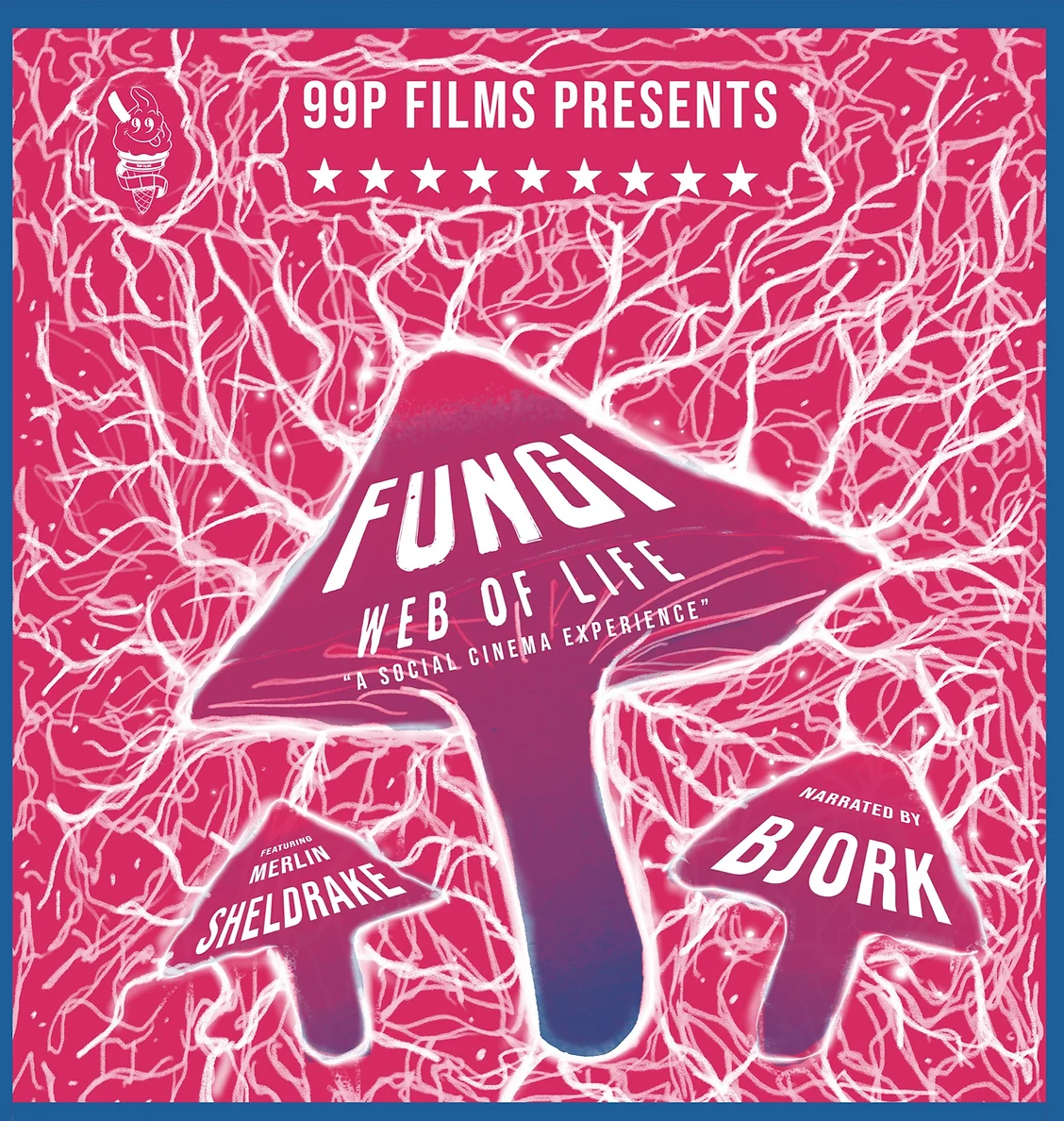 Pink and white poster for "Fungi: Web of Life" featuring abstract mushroom outlines and branching networks
