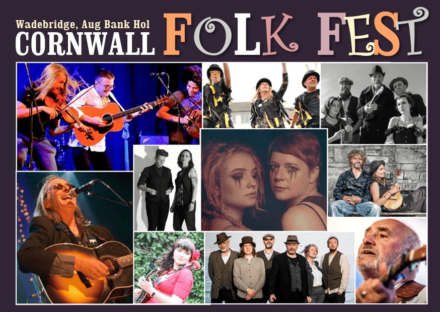 Collage of musicians and performers at Cornwall Folk Fest